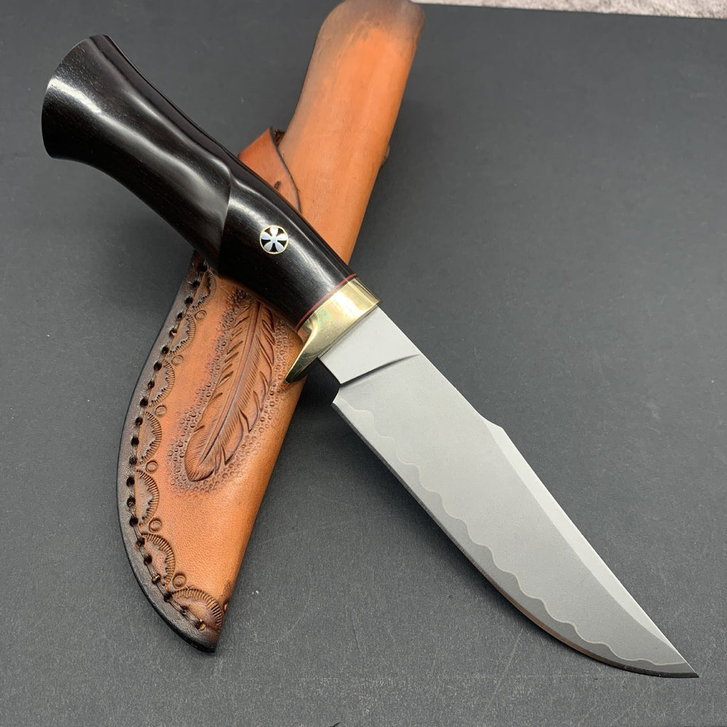 Hand Forged Knife SKD-11 Damascus Steel Purple Heartwood Leather Sheath Survival Camping