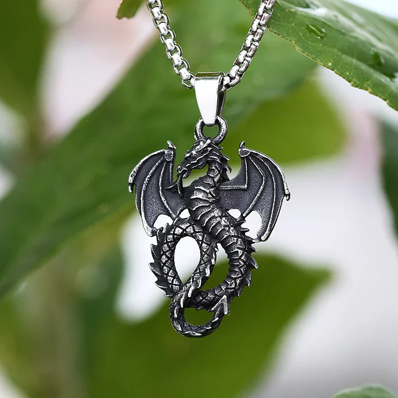 Gothic Dragon Necklace – Stainless Steel Punk Dragon Pendant Amulet for Men Women