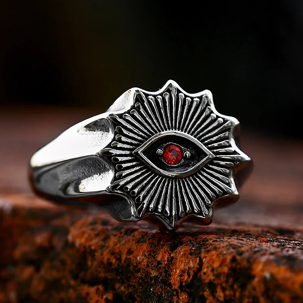 Cool Rings for Men – Crimson Demon Eye Rune Gothic Viking Punk Biker Ring