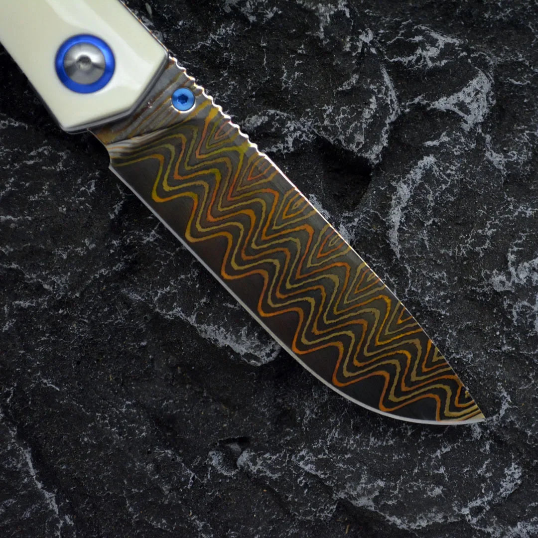 Winged Avian Damascus Folding Knife | G10 Handle & Zirconium Inlay | 59HRC