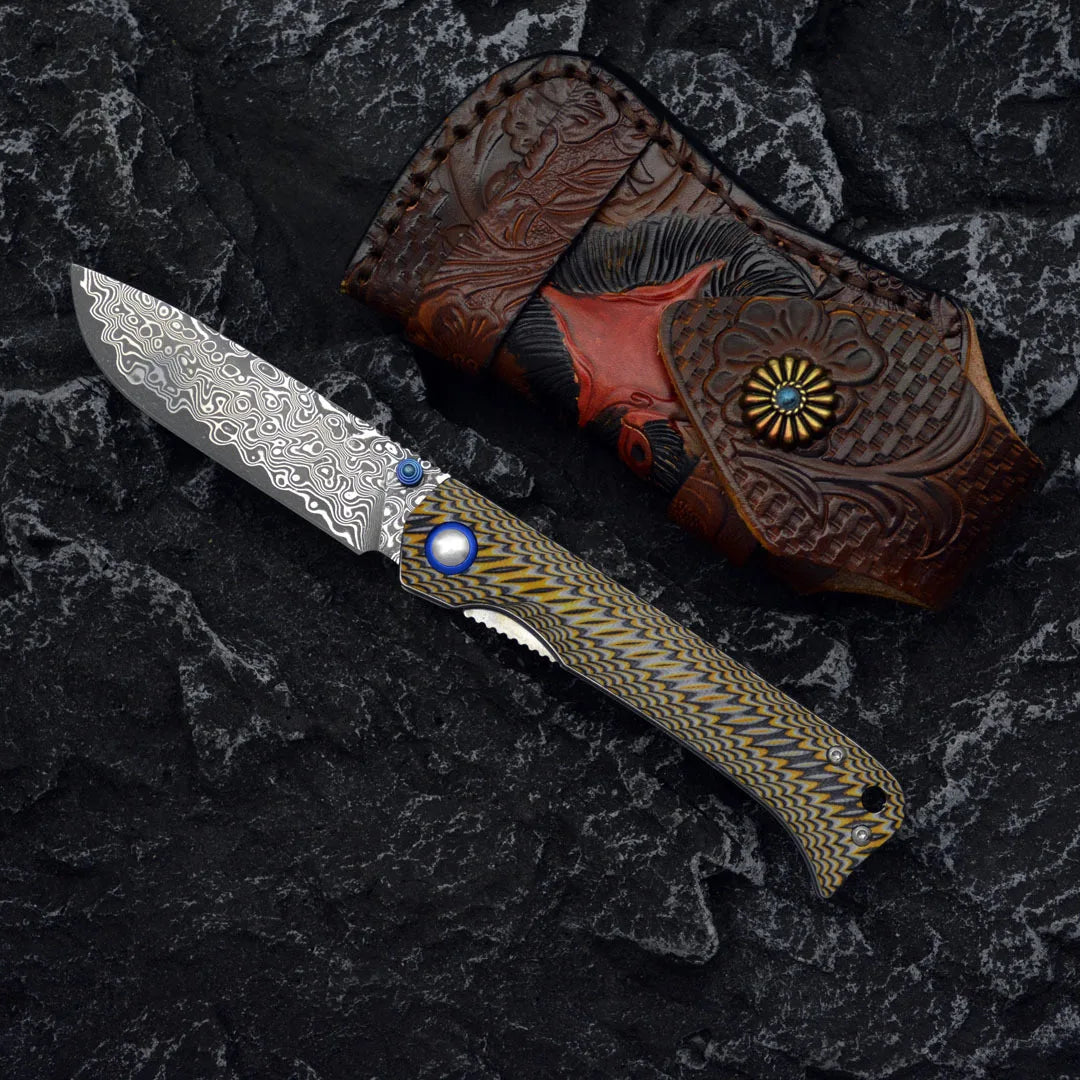 Winged Avian Damascus Folding Knife | G10 Handle & Zirconium Inlay | 59HRC