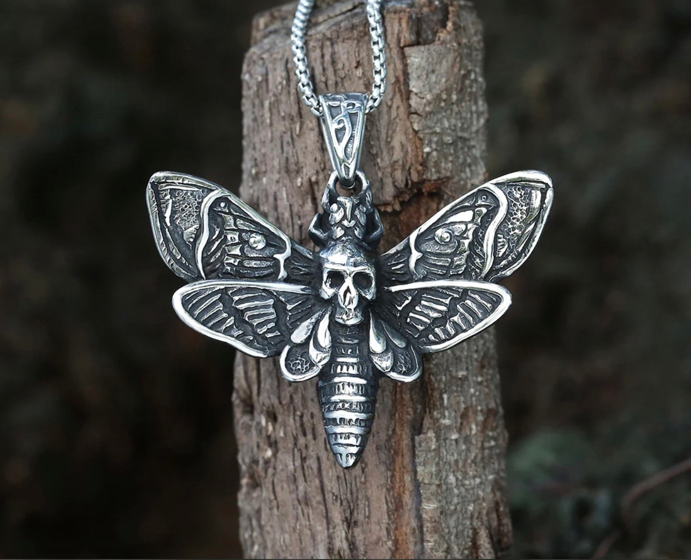 Gothic Necklace – Dead Head Skull Moth Pendant Dark Statement Jewelry