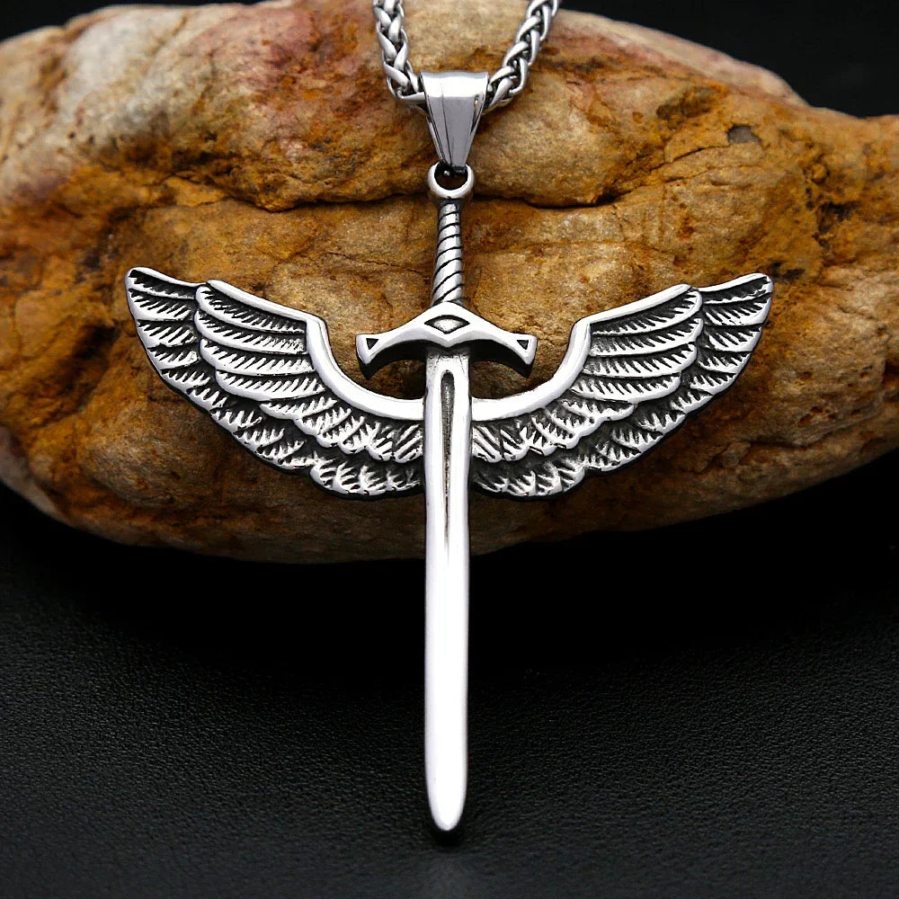 Punk Necklace – Angelic Sword Angel Wings Viking Gothic Biker Pendant