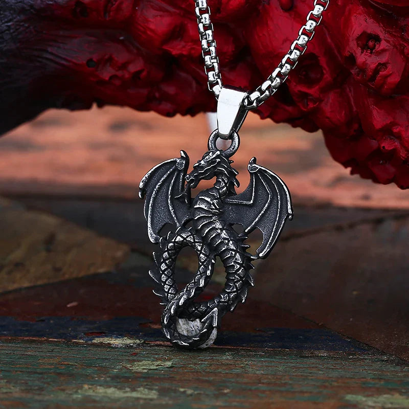Gothic Dragon Necklace – Stainless Steel Punk Dragon Pendant Amulet for Men Women