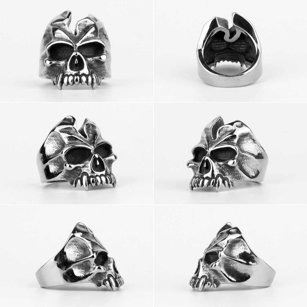 Skull Rings for Men – Domineering Devil Tooth Busted Skull Gothic Punk Biker Ring