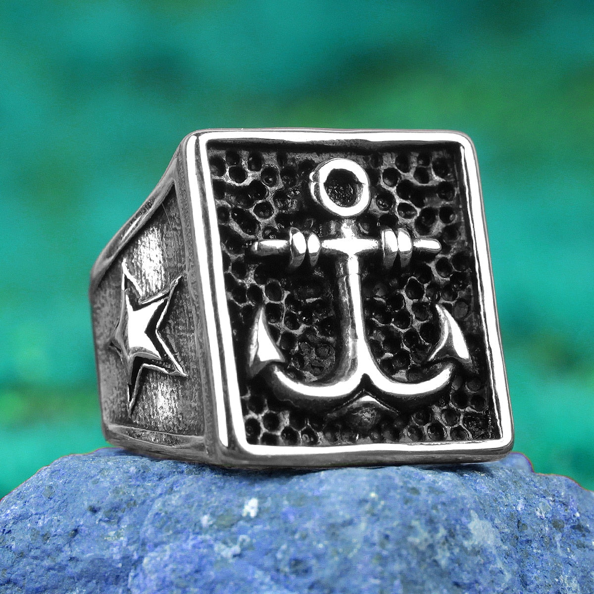Biker Ring – Navy Anchor Ocean Star Punk Rock Hip Hop Statement Ring