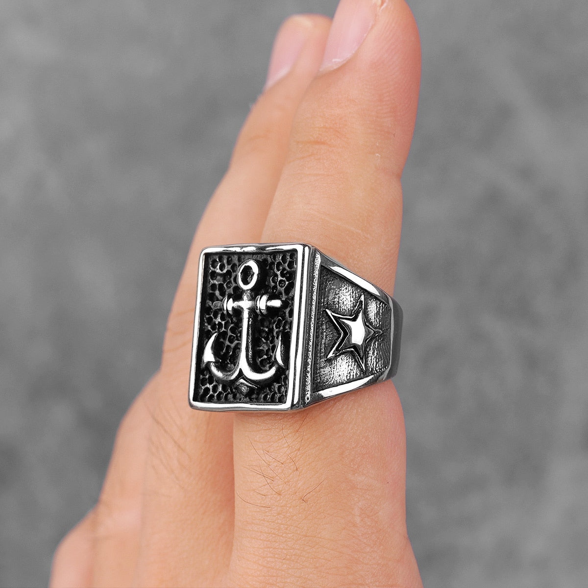 Biker Ring – Navy Anchor Ocean Star Punk Rock Hip Hop Statement Ring