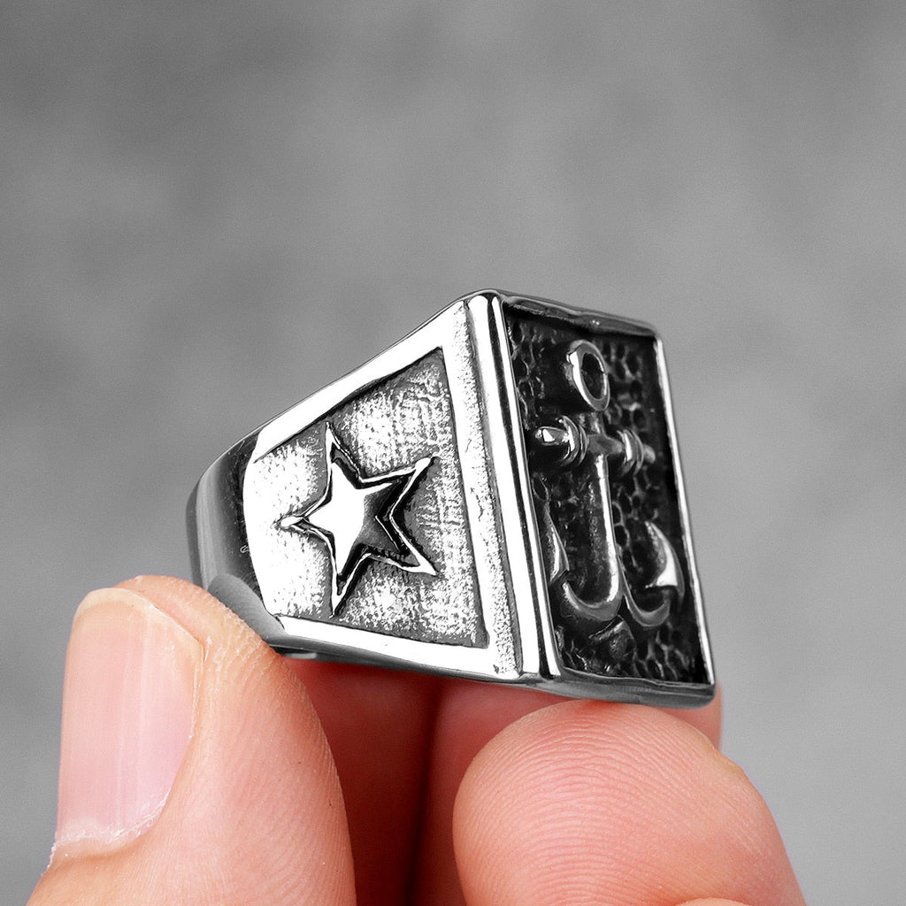 Biker Ring – Navy Anchor Ocean Star Punk Rock Hip Hop Statement Ring