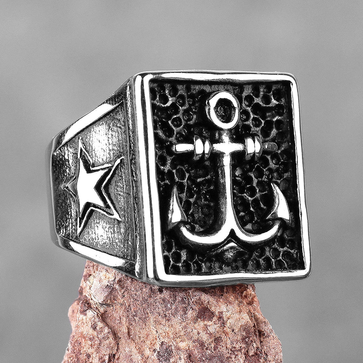 Biker Ring – Navy Anchor Ocean Star Punk Rock Hip Hop Statement Ring