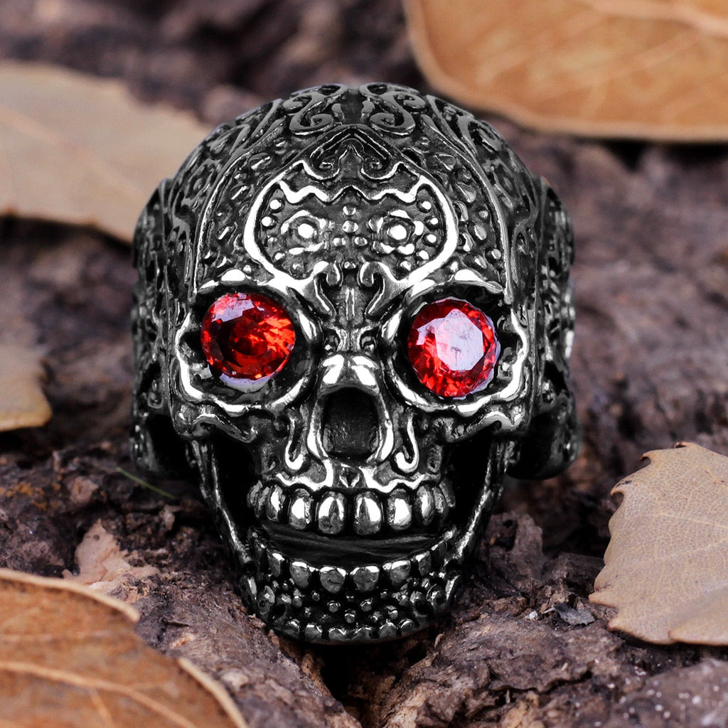 Biker Ring – Red Rhinestone Eye Skull Gothic Punk Rock Statement Ring