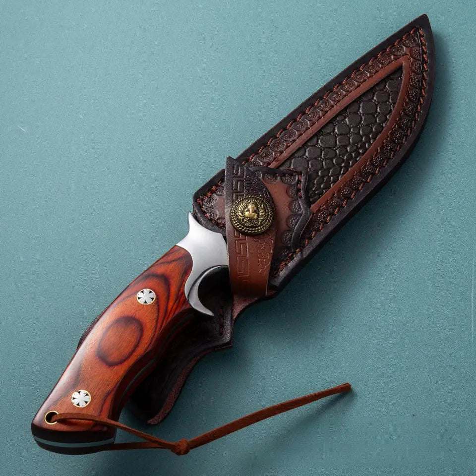 TimberEdge M390 Fixed Blade Knife - Ebony Handle with Hand-Carved Leather Sheath EDC