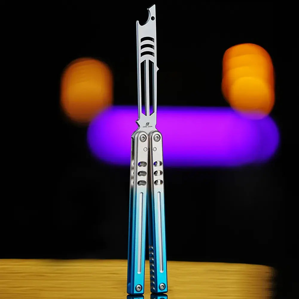 Bottle Opener Balisong Trainer - Armed Shark Inked Mako Butterfly Knife Gradient Flipper