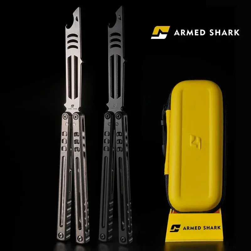 Inked Mako TC4 Titanium Balisong Trainer | Bottle Opener Butterfly Knife by Armed Shark