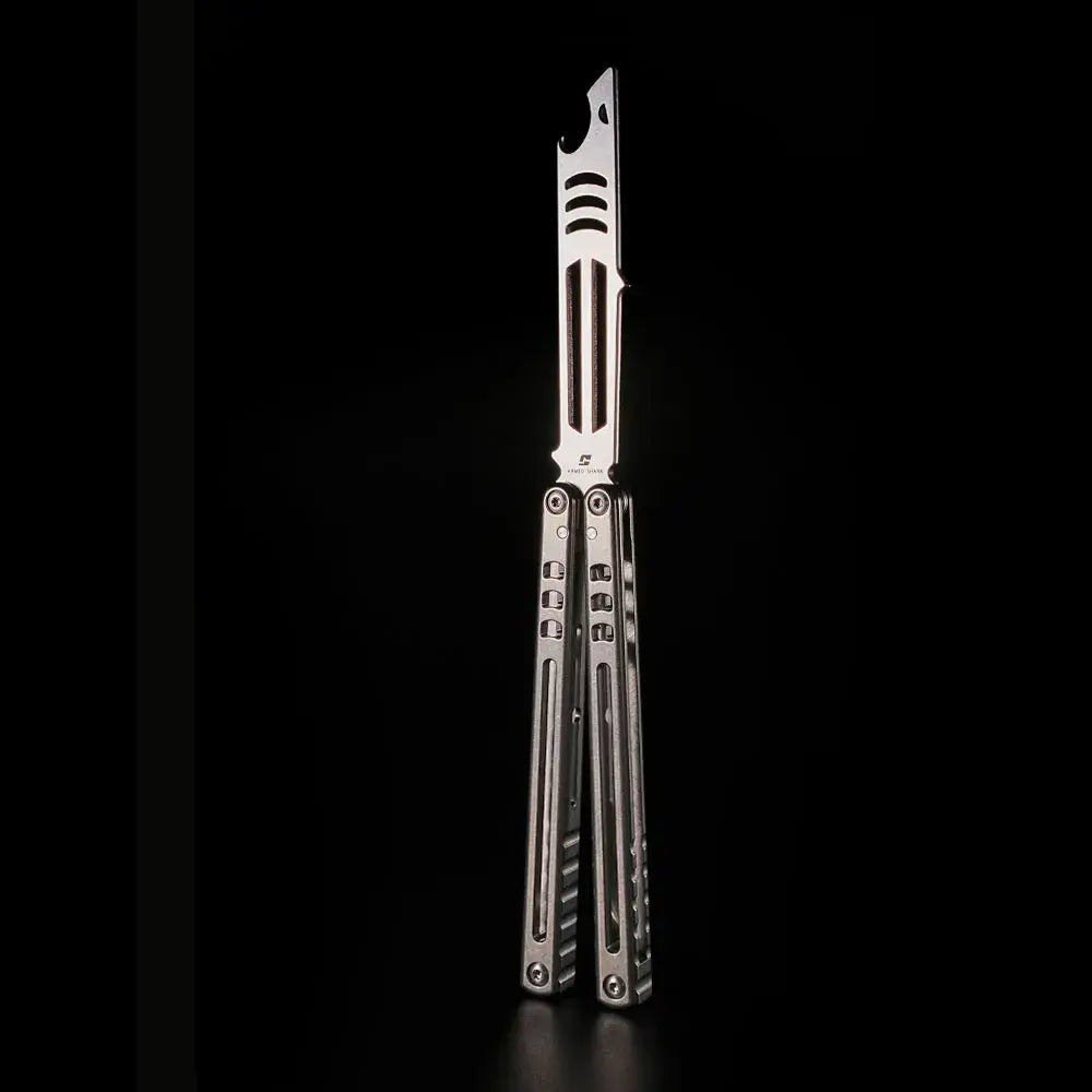Inked Mako TC4 Titanium Balisong Trainer | Bottle Opener Butterfly Knife by Armed Shark