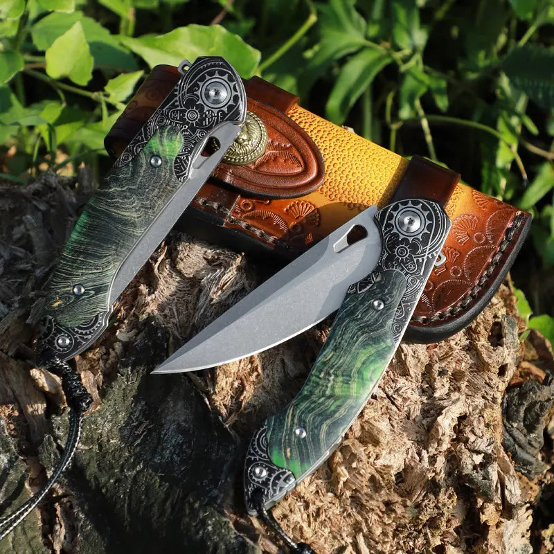 Folding Knife M390 Steel Steampunk Pocket Knife Green Resin Handle EDC Collector Knife