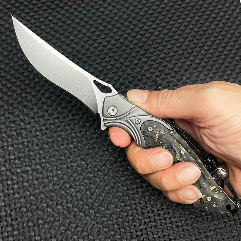 Night Owl M390 Damascus Tactical Folding Knife - Carbon Fiber Handle