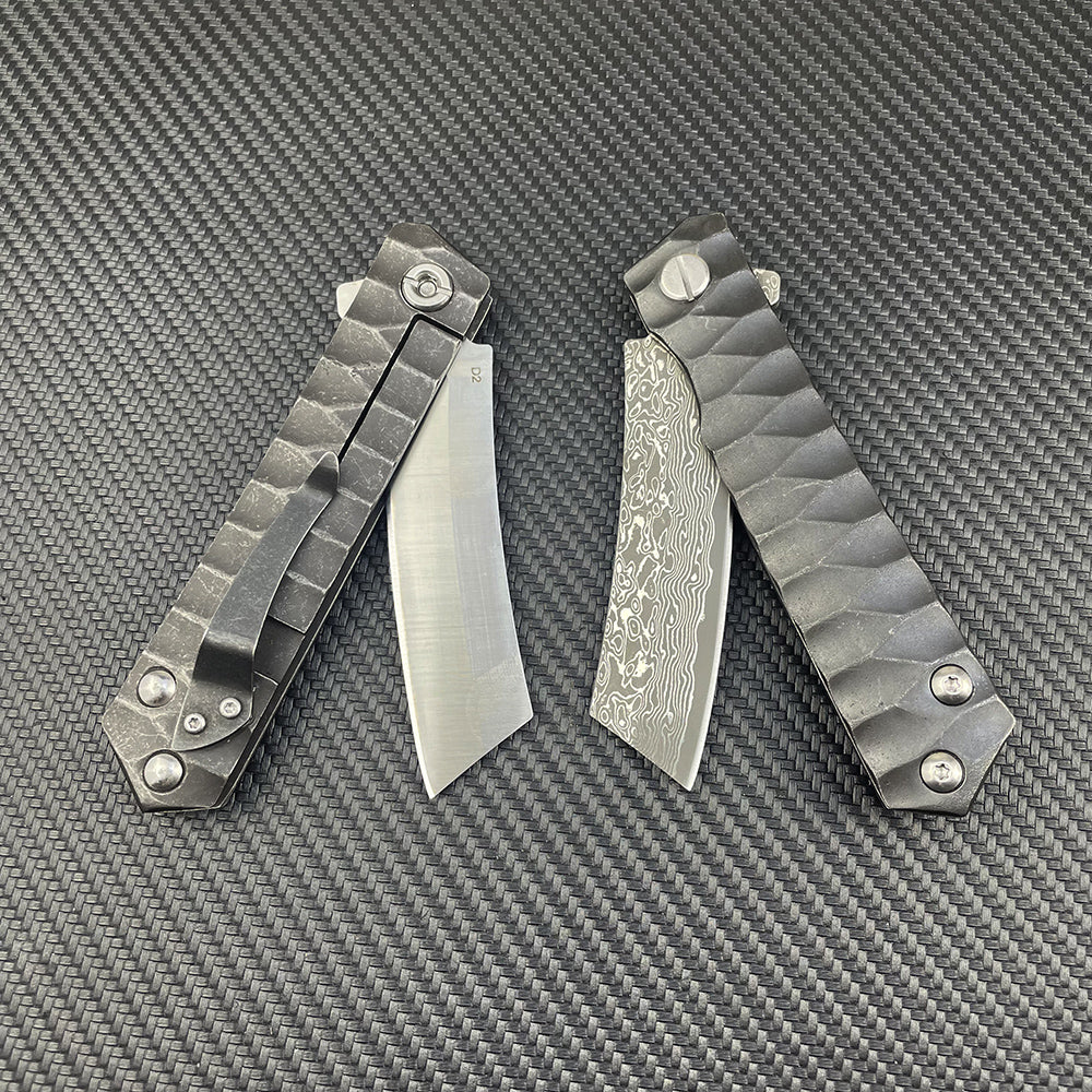 Damascus Folding Knife D2 Steel Tanto Blade Bearing System Pocket Clip EDC Camping