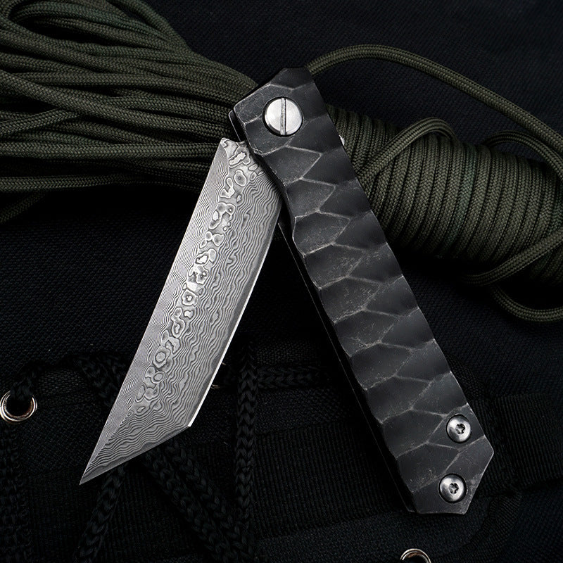 Damascus Folding Knife D2 Steel Tanto Blade Bearing System Pocket Clip EDC Camping