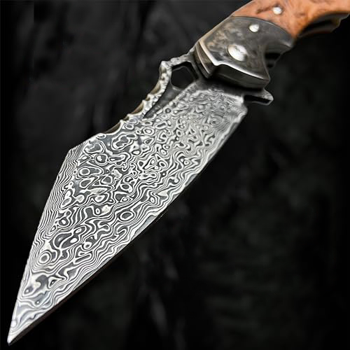 Damascus Folding Knife VG10 Steel Ironwood Handle Wave Pattern EDC Collector Knife