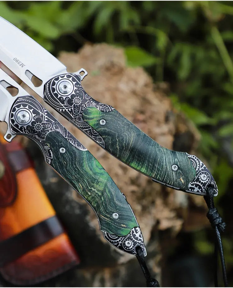 Folding Knife M390 Steel Steampunk Pocket Knife Green Resin Handle EDC Collector Knife