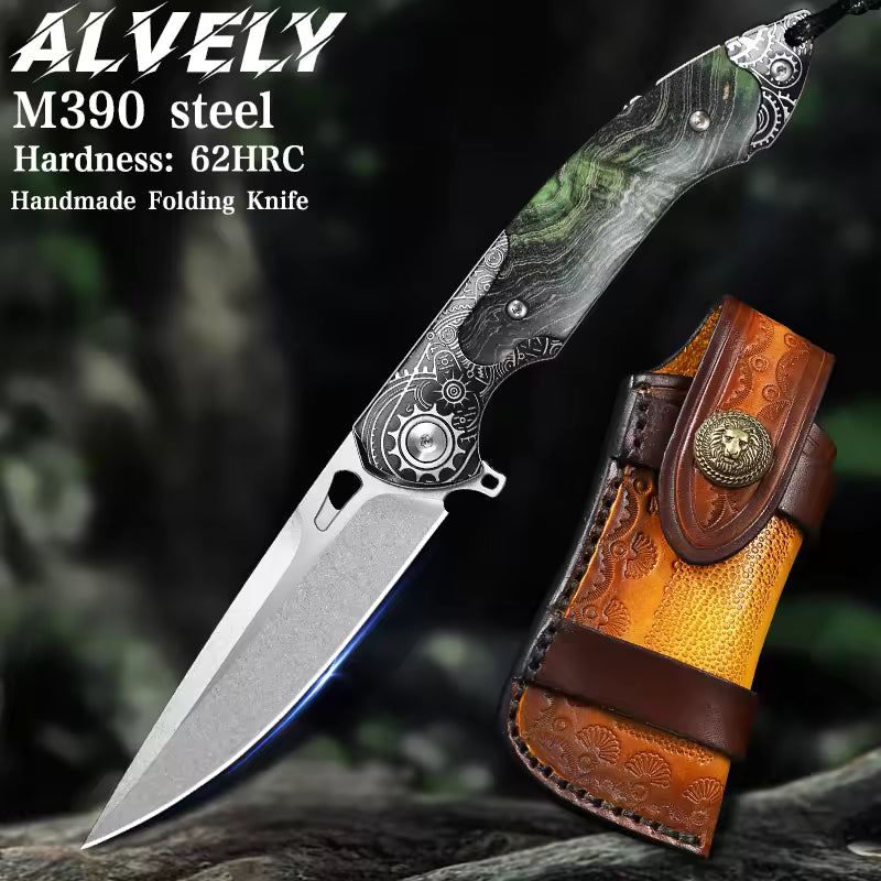 Folding Knife M390 Steel Steampunk Pocket Knife Green Resin Handle EDC Collector Knife