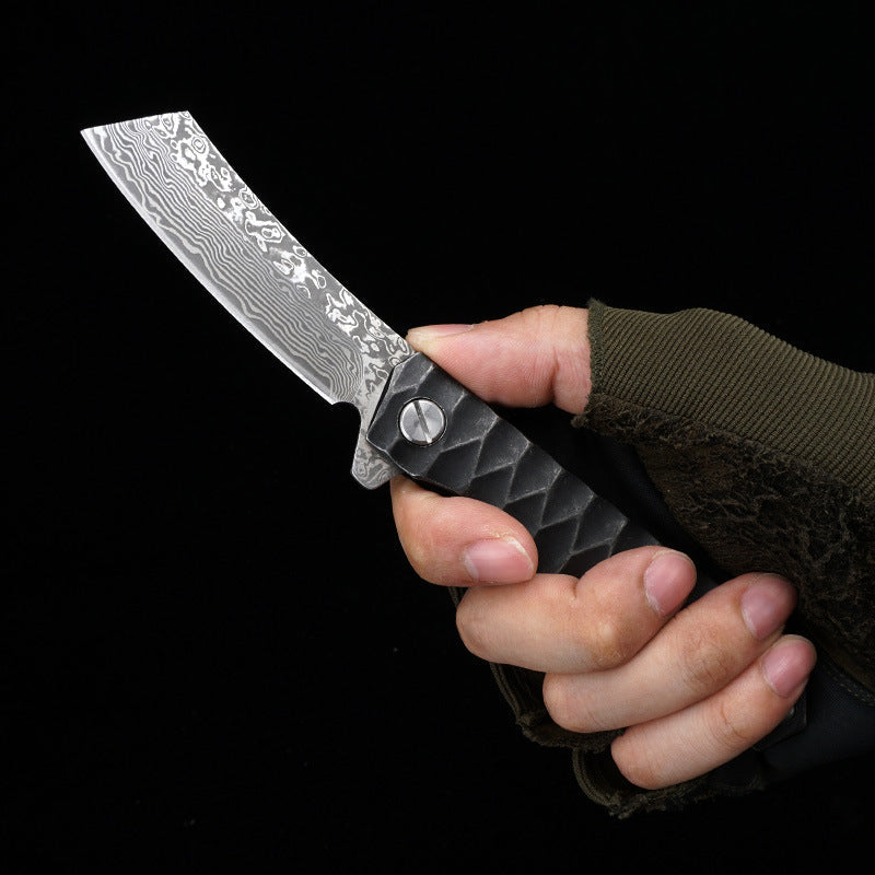 Damascus Folding Knife D2 Steel Tanto Blade Bearing System Pocket Clip EDC Camping
