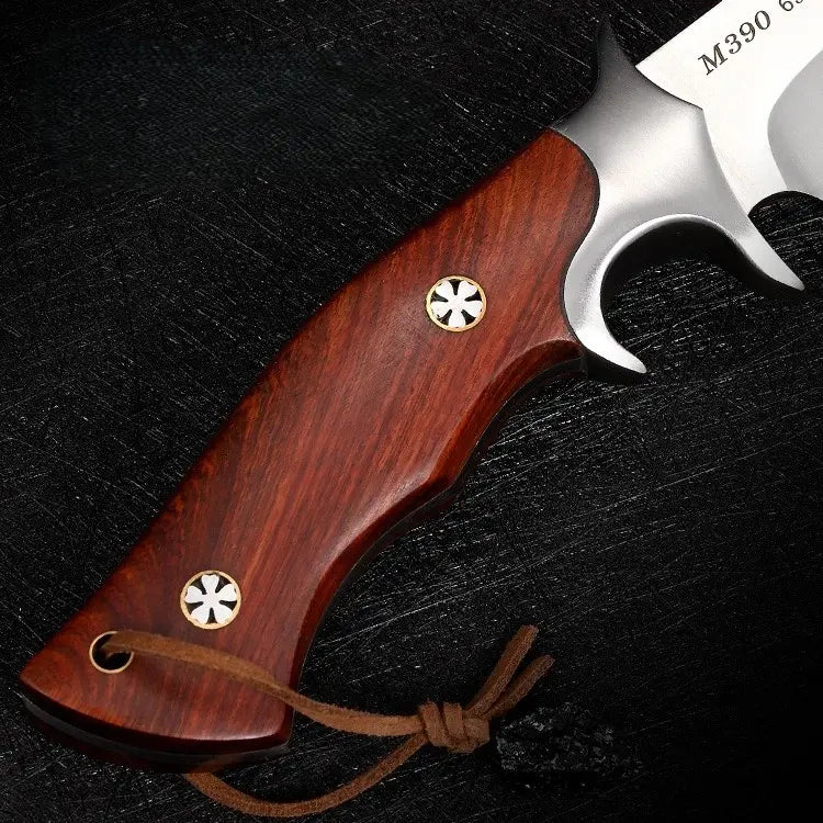TimberEdge M390 Fixed Blade Knife - Ebony Handle with Hand-Carved Leather Sheath EDC