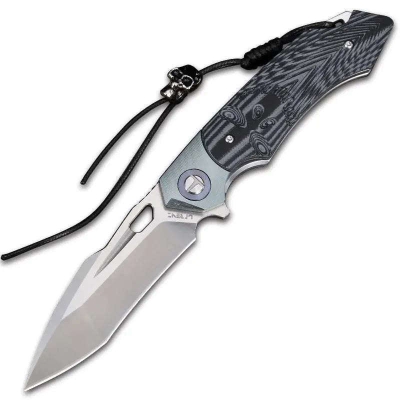 SkullForge D2 Tactical Folding Knife - G10 Grip, Skull Clip & Leather Sheath