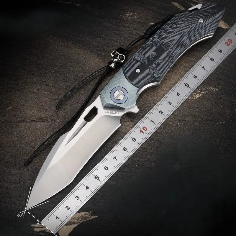 SkullForge D2 Tactical Folding Knife - G10 Grip, Skull Clip & Leather Sheath