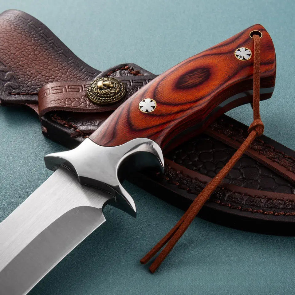 TimberEdge M390 Fixed Blade Knife - Ebony Handle with Hand-Carved Leather Sheath EDC