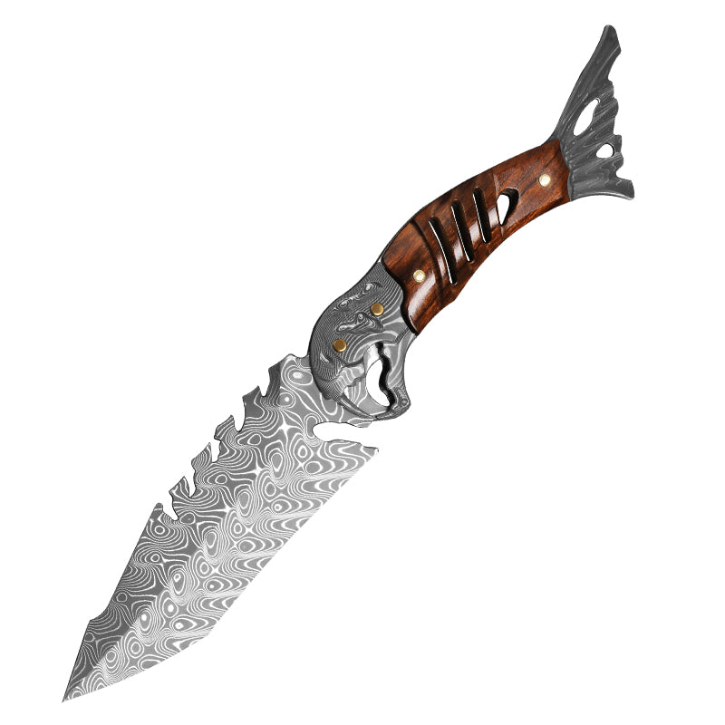 Ironwood Fang Damascus Fishbone Fixed Blade Knife - 95-Layer Hand-Forged with Ironwood Handle