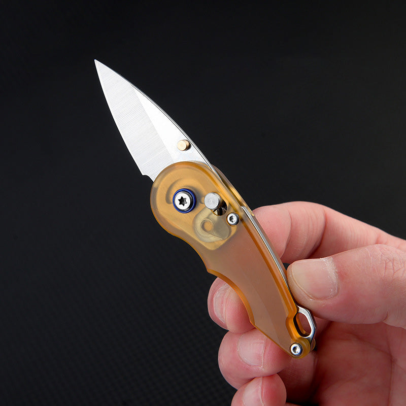 Keychain Folding Knife 7Cr Steel PEI Handle Drop Point Amber EDC Mini Pocket Knife