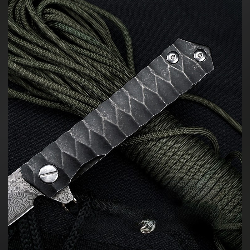 Damascus Folding Knife D2 Steel Tanto Blade Bearing System Pocket Clip EDC Camping