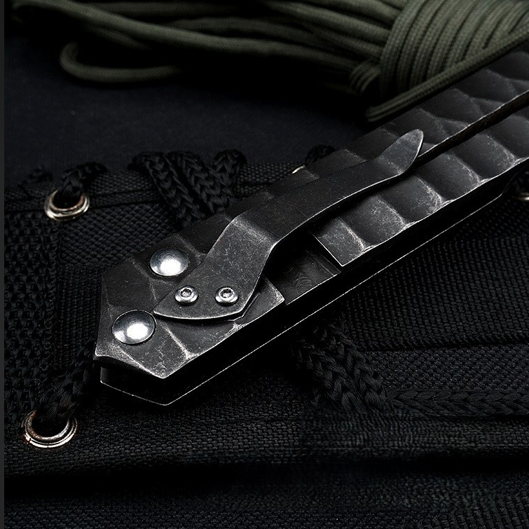 Damascus Folding Knife D2 Steel Tanto Blade Bearing System Pocket Clip EDC Camping