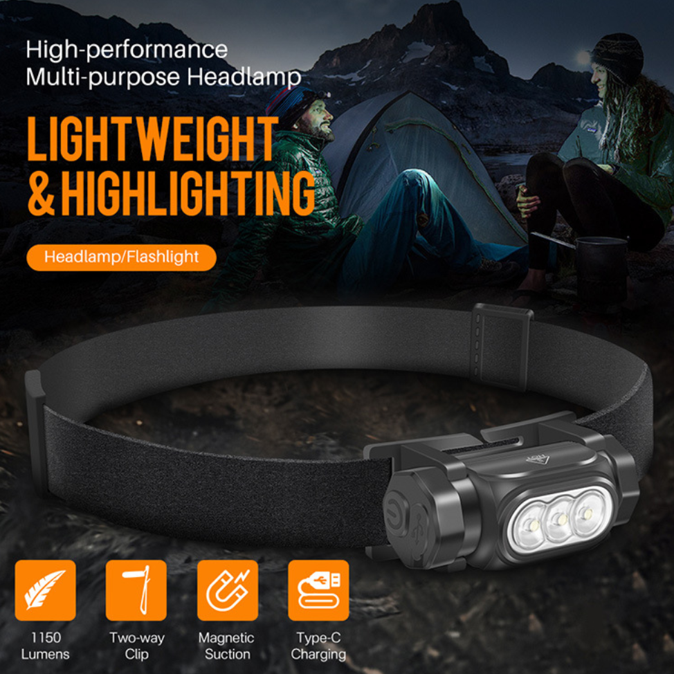 UltraBright 1150 Lumen Rechargeable Headlamp - 6 Modes, IP68 Waterproof, Magnetic EDC Flashlight