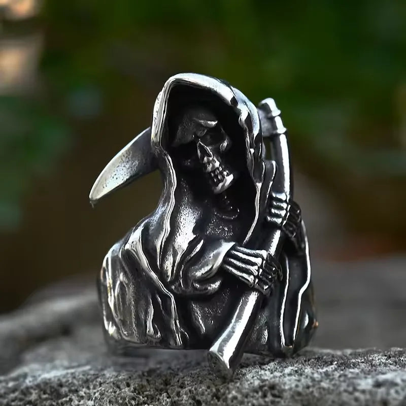 Grim Reaper Ring – Eerie Skull Scythe Stainless Steel Gothic Punk Biker Ring for Men