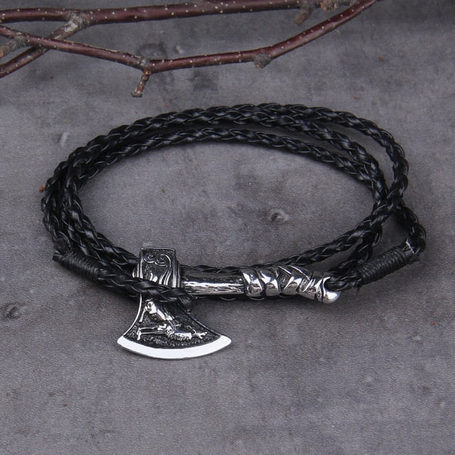Leather Bracelet – Viking Combat Axe Valknut Nordic Amulet Multilayer Bangle